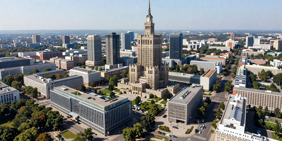 Widok z lotu ptaka na centrum Warszawy - lokalizacja The Iron Lantern House