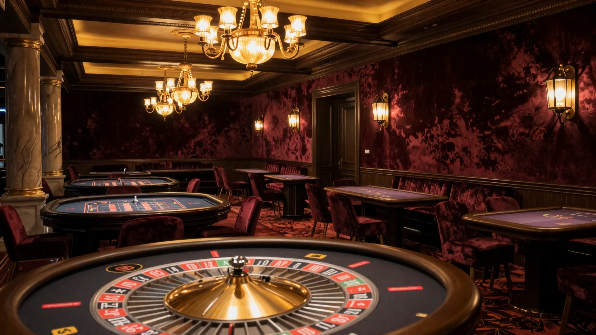 Eleganckie wnętrze kasyna The Iron Lantern House z klasycznymi stołami do gry i wyrafinowanym oświetleniem